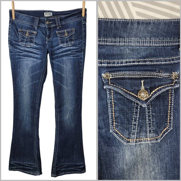 Vintage Y2K Mudd Low Rise Bell Bottom Flare Blue Denim Jeans Sz 11 34" Waist - Picture 1 of 7